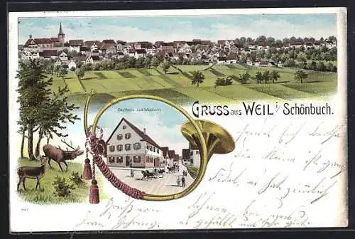 Lithographie Weil i. Schönbuch, Gasthaus zum Waldhorn, Ortsansicht
