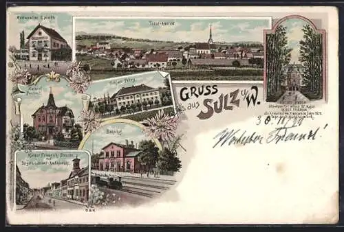 Lithographie Sulz unterm Wald, Restaurant E. North, Bahnhof, Kaiser Friedrich-Strasse, Schloss Petry