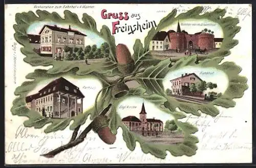 Passepartout-Lithographie Freinsheim, Rathaus, Bahnhof, Kirche