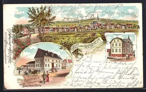 Lithographie Wehrheim i. T., Postamt, Ortsansicht