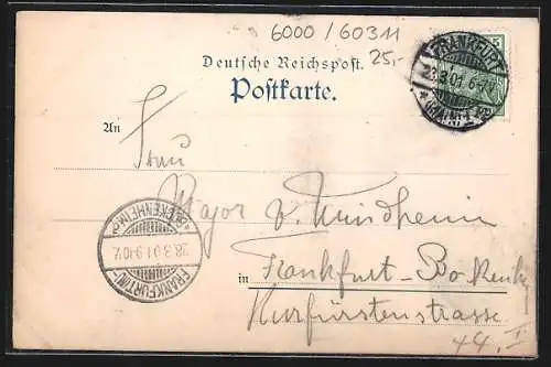 Lithographie Frankfurt a. M., Gasthof zum Prinzen von Arkadien, Grosse Bockenheimerstrasse 9 und Goethestrasse 10
