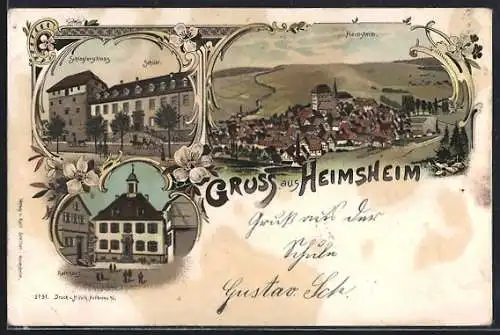 Lithographie Heimsheim, Rathaus, Schleglerschloss, Schule, Totalansicht