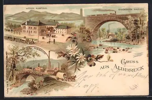 Lithographie Albbruck, Hotel Albthal, Eisenbahn Viadukt, Ortsansicht
