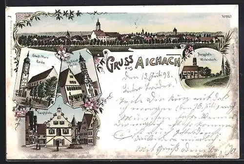 Lithographie Aichach, Burgplatz Wittelsbach, Stadtpfarrkirche, Hauptplatz