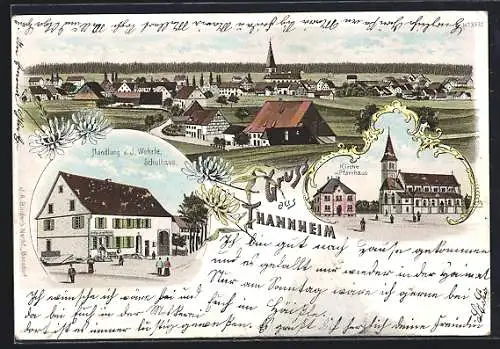 Lithographie Tannheim / Villingen-Schwenningen, Handlung J. Wehrle, Schulhaus, Kirche und Pfarrhaus