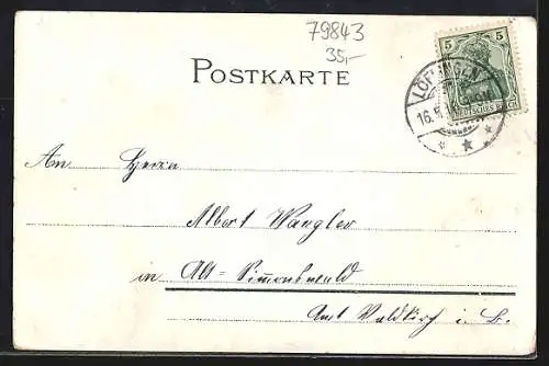 Lithographie Löffingen, Gesamtansicht, Wallfahrtskirche z. Schneekreuz, Warenhaus z. Kasten