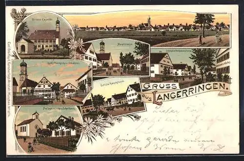 Lithographie Langerringen, Östliche Hauptstrasse, Hauptstrasse mit Kirche, Untere Kapelle, Panorama