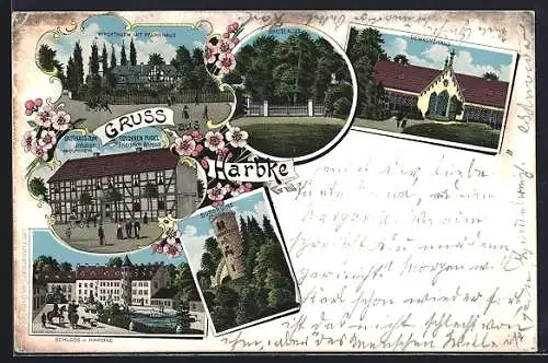 Lithographie Harbke, Gasthaus zum Goldenen Pudel von F. Ahrendt, Breite Allee, Kirchturm mit Pfarrhaus