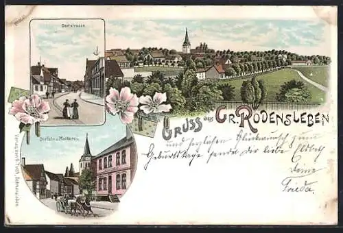 Lithographie Gross Rodensleben, Dorfstrasse, Dorfstrasse und Molkerei, Ortsansicht