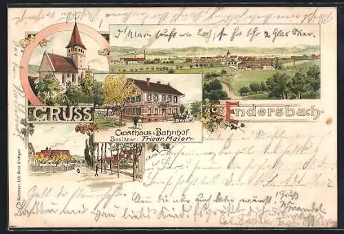 Lithographie Endersbach, Gasthaus & Bahnhof von F. Maier, Kirche