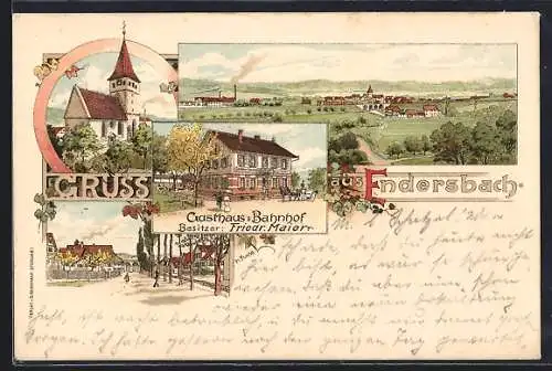 Lithographie Endersbach, Gasthaus zum Bahnhof, Kirche, Strassenansicht mit Passanten