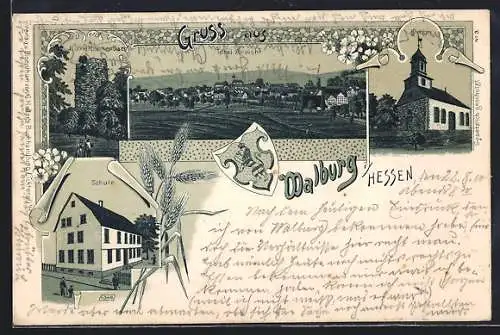 Lithographie Walburg, Schule, Kirche, Burgruine Reichenbach, Wappen