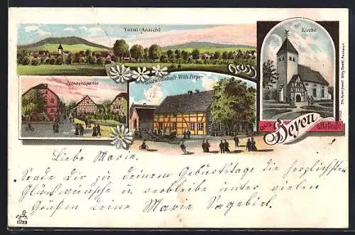 Lithographie Heyen b. Halle i. Br., Gasthaus von Wilh. Pieper, Strassenpartie