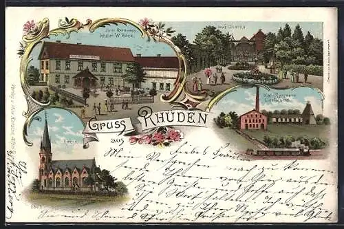 Lithographie Rhüden, Kali-Bergwerk Carisfund, Hotel Rathaus & Bocks Garten
