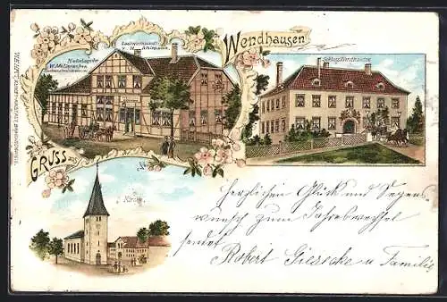 Lithographie Wendhausen / Braunschweig, Gasthof von H. Ahlmann, Schloss, Kirche
