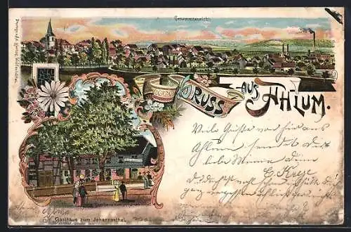 Lithographie Ahlum, Gasthaus zum Johannesthal & Gesamtansicht mit Blumenverzierung