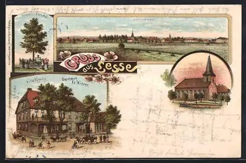 Lithographie Lesse, Kriegerdenkmal, Totalansicht, Gasthaus, Kirche