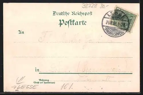 Lithographie Lesse, Kriegerdenkmal, Totalansicht, Gasthaus, Kirche