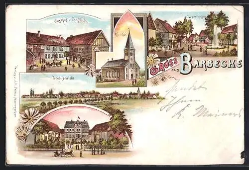 Lithographie Barbecke, Gasthof von Chr. Fricke, Kirche, Heerstrasse
