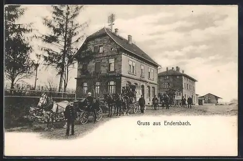 AK Endersbach, Ortspartie mit Kutschen