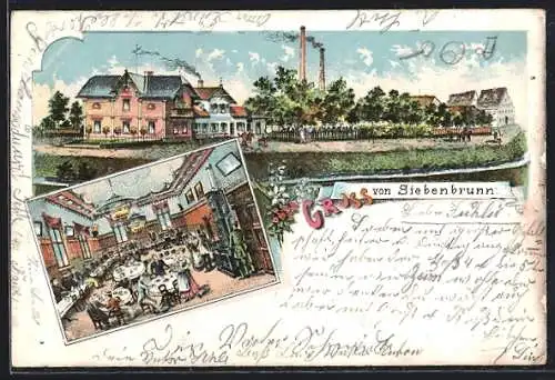 Lithographie Siebenbrunn / Haunstetten, Innenansicht eines Gasthauses, Teilansicht vom Ort