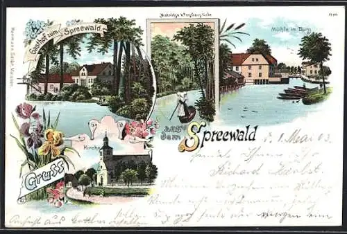 Lithographie Burg / Spreewald, Gasthof zum Spreewald, Kirche, Mutnitza b. Forsthaus Eiche, Mühle