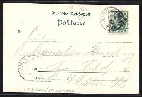 Lithographie Burg / Spreewald, Gasthof zum Spreewald, Kirche, Mutnitza b. Forsthaus Eiche, Mühle