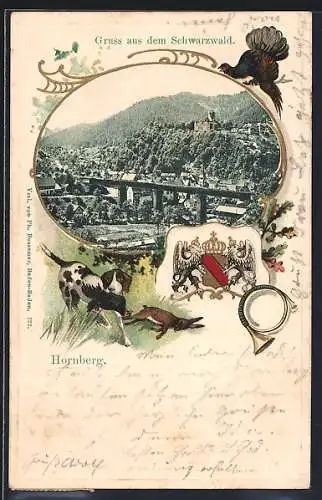 Passepartout-Lithographie Hornberg / Schwarzwald, Gesamtansicht mit Jagdhund und Wappen