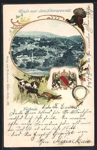 Passepartout-Lithographie Forbach, Ortsansicht, Jagdhund, Wappen