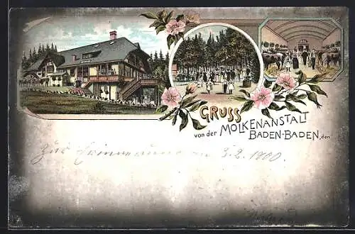 Lithographie Baden-Baden, Gasthaus Molkenanstalt mit Innen- und Gartenansicht
