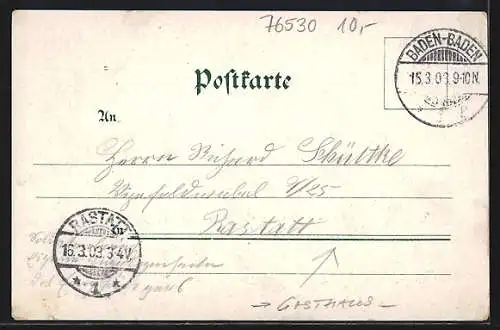 Lithographie Baden-Baden, Gasthaus Molkenanstalt mit Innen- und Gartenansicht