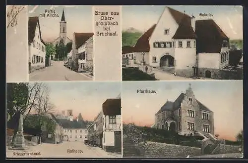 AK Obergrombach bei Bruchsal, Kirche, Schule, Rathaus und Kriegerdenkmal, Pfarrhaus