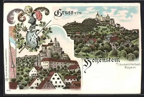Lithographie Hohenstein / Kirchensittenbach, Ortsansicht mit Burg