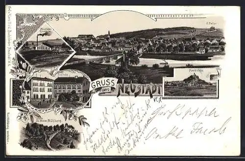 Lithographie Neustadt /W.N., Schloss, Neustädter Glashütte, Parkstein, St.-Anna-Mühlberg