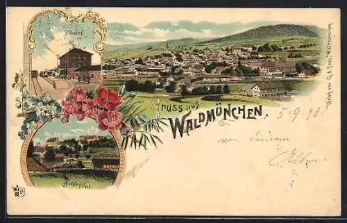 Lithographie Waldmünchen, Bahnhof Schlosshof, Totalansicht