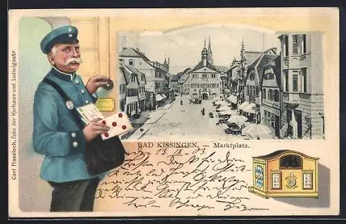 Lithographie Bad Kissingen, Blick auf den Marktplatz, Briefträger im Passepartout