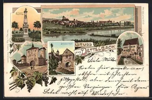 Lithographie Dettelbach, Kriegerdenkmal, Foltertor, Brückertor, Rathaus