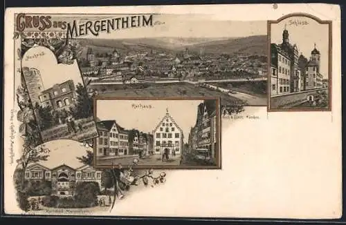 Lithographie Mergentheim, Ortsansicht aus der Vogelschau, Rathaus, Karlsbad