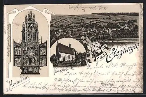 Lithographie Creglingen, Gesamtansicht, Herrgotts-Kirche, Marienaltar