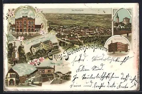 Lithographie Tauberbischofsheim, Totalansicht, Rathaus, Gymnasium