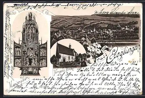 Lithographie Creglingen, Gesamtansicht, Herrgotts-Kirche, Marienaltar