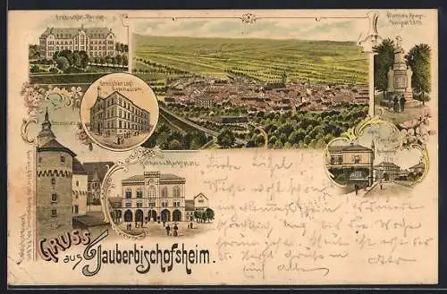 Lithographie Tauberbischofsheim, Gesamtansicht, Gymnasium, Rathaus und Markt