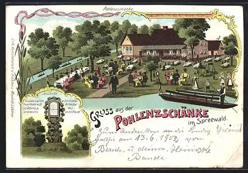 Lithographie Burg /Spreewald, Gasthaus zur Pohlenzschänke mit Besuchern, Denkmal mit Inschrift