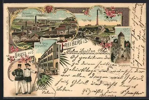 Lithographie Freiberg i. S., Muldener Schmelzhütte, Hohe Esse bei Halsbrücke, Donatsthurm und Königl. Bergakademie