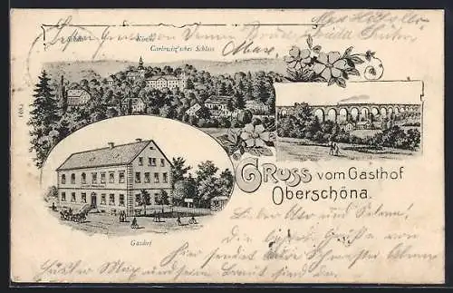 AK Oberschöna, Gasthof, Carlowitz`sches Schloss, Schule und Kirche, Viadukt