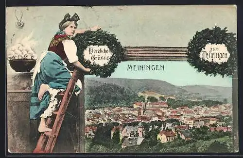 AK Meiningen /Thüringen, Ortsansicht aus der Vogelschau, Frau in Tracht auf einer Leiter