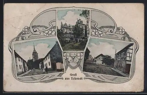 AK Eckstedt, Strassenpartie mit Kirche, Grosses Gebäude mit Garten