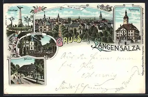 Lithographie Langensalza, Rathaus, Schwefelbad, Jüdenhügel, Böhmen und Totalansicht
