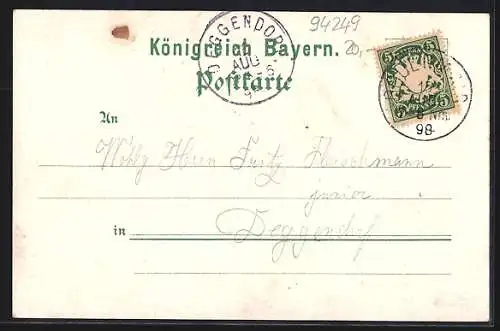 Lithographie Bodenmais, Gasthof zur Post mit Silberberg, Rissloch obere Fälle und Hoohfall