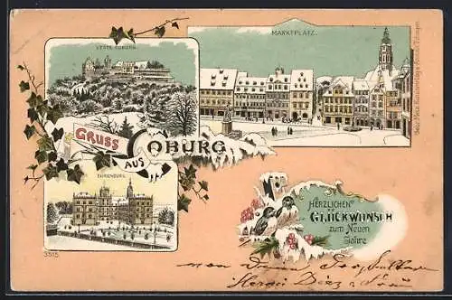 Lithographie Coburg, Marktplatz, Veste Coburg, Ehrenburg